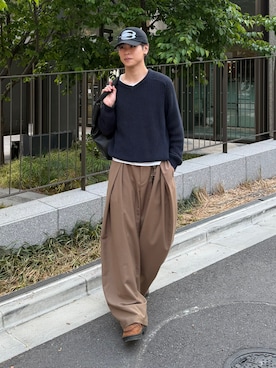 「Regen Glanz（レーゲングランツ）のvneck fisherman knit / Vネックフィッシャーマンニット（ニット/セーター、ブルー系）」を使った、Yo_ta  さん（メンズ・178cm）の春コーディネート