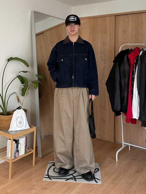 LURAKU】Leather Collar Zip-Up Denim Jacket / 襟レザージップアップ
