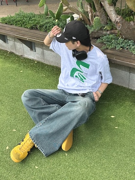 「FFEIN（フェイン）の【FFEIN（フェイン）】アートデザインショート丈Tシャツ / Tシャツ 短丈 クルーネック 半袖（Tシャツ/カットソー）」を使った、Yo_ta  さん（メンズ・178cm）の夏コーディネート