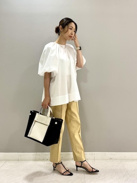 「ROPE'（ロペ）の【エディター三尋木奈保さんコラボ】前後2WAY華やぎバルーンスリーブブラウス【雑誌掲載】（シャツ/ブラウス）」を使った、yukiさん（レディース・160cm）の夏コーディネート