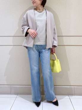 「イエロー」｜「アイテム（ノーカラーコート）」を使った、TOMOさん（レディース・152cm）の春コーディネート