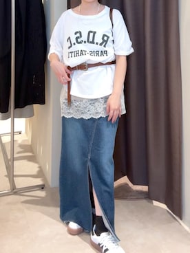 「RIVE DROITE（リヴドロワ）の【Yossshiiii企画/6色展開/ひんやりタッチ】R.D.S.CロゴTee（Tシャツ/カットソー、ホワイト系）」を使った、TOMOさん（レディース・152cm）の夏コーディネート