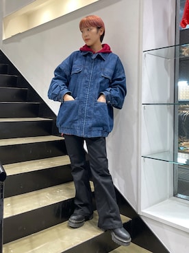 「X-girl（エックスガール）のDENIM OVERSIZED JACKET（デニムジャケット、ブルー系）」を使った、上野　瑞稀さん（レディース・157cm）の秋コーディネート