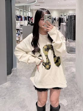 「WHO'S WHO gallery（フーズフーギャラリー）のMgカモワッフルロンT（Tシャツ/カットソー、ホワイト系）」を使った、misakiさん（レディース・145cm）の春コーディネート