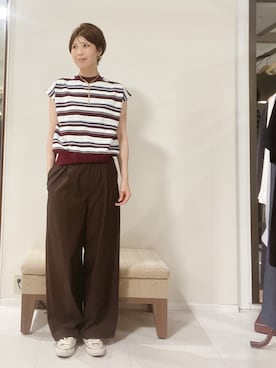 「cloenc（クロエンス）の【接触冷感／マシンウォッシュ】フレンチスリーブニット（ニット/セーター、レッド系）」を使った、IWAMOさん（レディース）の春コーディネート