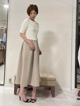「UNTITLED（アンタイトル）の【一枚でサマ見え】ニットドッキングジャガードワンピース（ワンピース、ホワイト系）」を使った、IWAMOさん（レディース）の夏コーディネート