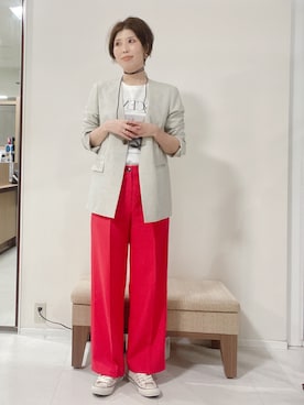 「UNTITLED（アンタイトル）の【古畑星夏さん着用/セットアップ可/UVカット/接触冷感/遮熱/通気性】スラブワイドパンツ（その他パンツ、ピンク系）」を使った、IWAMOさん（レディース）の春コーディネート
