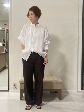 「UNTITLED（アンタイトル）の【ウエストゴム】タフタワイドパンツ（その他パンツ、ブラウン系）」を使った、IWAMOさん（レディース）の夏コーディネート