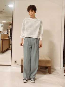 「UNTITLED（アンタイトル）の【洗える/6分袖】ボートネックブラウス（シャツ/ブラウス、ホワイト系）」を使った、IWAMOさん（レディース）の春コーディネート