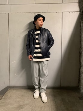 「ライタースジャケット」｜「アイテム（ライダースジャケット）」を使った、funatoさん（メンズ・166cm）の春コーディネート