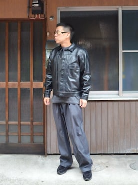 「アイテム（ライダースジャケット）」を使った、funatoさん（メンズ・166cm）の秋コーディネート
