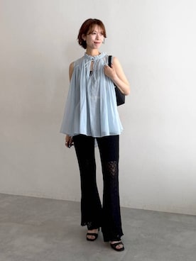 「mysty woman（ミスティウーマン）のカットレースフレアパンツ　1046955（その他パンツ、ブラック系）」を使った、uemiさん（レディース・163cm）の夏コーディネート