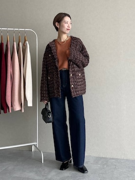 「アイテム（ノーカラージャケット）」を使った、uemiさん（レディース・163cm）の秋コーディネート