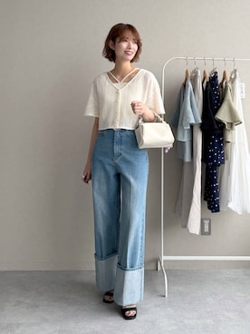 「mysty woman（ミスティウーマン）の【WEB限定復刻】ラッセルレースアンサンブルSS　104216（カーディガン/ボレロ、ホワイト系）」を使った、uemiさん（レディース・163cm）の春コーディネート