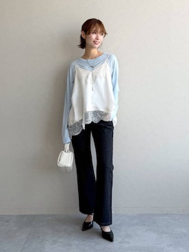 「mysty woman（ミスティウーマン）の【WEB限定】シアーマカロンＴ  452408（Tシャツ/カットソー、ブルー系）」を使った、uemiさん（レディース・163cm）の春コーディネート
