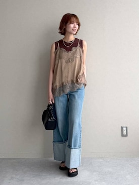 「mysty woman（ミスティウーマン）のカーブネックカフ 595936（ネックレス、ゴールド系）」を使った、uemiさん（レディース・163cm）の春コーディネート