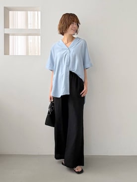 「mysty woman（ミスティウーマン）のリネン混イージーワイドパンツ 678887（その他パンツ、ブラック系）」を使った、uemiさん（レディース・163cm）の春コーディネート
