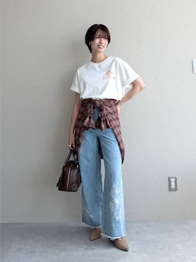 「mysty woman（ミスティウーマン）のフェイクスエードベルトミュール 1043132（サンダル、ベージュ系）」を使った、uemiさん（レディース・163cm）の夏コーディネート