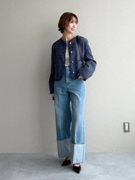 「mysty woman（ミスティウーマン）のアイテム（ノーカラージャケット）」を使った、uemiさん（レディース・163cm）の冬コーディネート