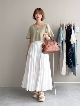「mysty woman（ミスティウーマン）のラッセルレースアンサンブルSS　104216（Tシャツ/カットソー、グリーン系）」を使った、uemiさん（レディース・163cm）の春コーディネート