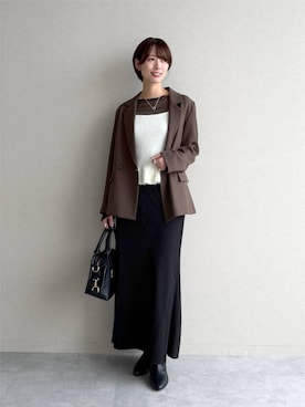 「mysty woman（ミスティウーマン）のアソートナローマーメイドスカート　1052528（スカート、ブラック系）」を使った、uemiさん（レディース・163cm）の秋コーディネート