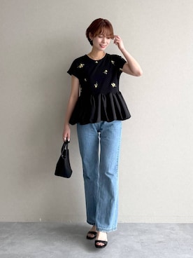 「mysty woman（ミスティウーマン）の【WEB限定】前後2WAYラウンドフリルプルオーバー　1042910（Tシャツ/カットソー、その他）」を使った、uemiさん（レディース・163cm）の夏コーディネート