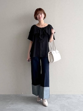 「mysty woman（ミスティウーマン）のバックストラップミュール 639499（サンダル、ホワイト系）」を使った、uemiさん（レディース・163cm）の春コーディネート