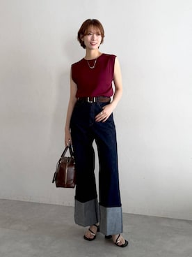 「mysty woman（ミスティウーマン）のシアーノースリニット　1047001（ニット/セーター、レッド系）」を使った、uemiさん（レディース・163cm）の夏コーディネート
