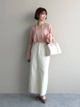 「mysty woman（ミスティウーマン）の【復刻！/WEB限定アイテム】ソルベシアーニット　190297（ニット/セーター、ピンク系）」を使った、uemiさん（レディース・163cm）の春コーディネート