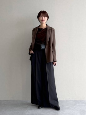 「mysty woman（ミスティウーマン）の美シェイプテーラージャケット 1082159（テーラードジャケット、ブラウン系）」を使った、uemiさん（レディース・163cm）の秋コーディネート