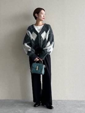 「mysty woman（ミスティウーマン）のアーガイルニットカーディガン 572855（カーディガン/ボレロ）」を使った、uemiさん（レディース・163cm）の秋コーディネート