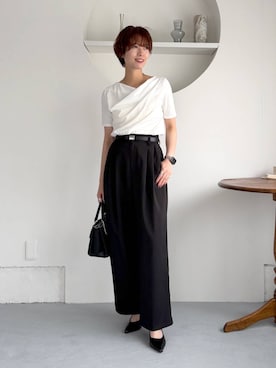 「mysty woman（ミスティウーマン）のドレープカットソー半袖　1049038（Tシャツ/カットソー、ホワイト系）」を使った、uemiさん（レディース・163cm）の夏コーディネート