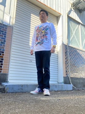 「鬼デニム（オニデニム）のアイテム」を使った、Shinji Tsuruさん（メンズ・173cm）の春コーディネート