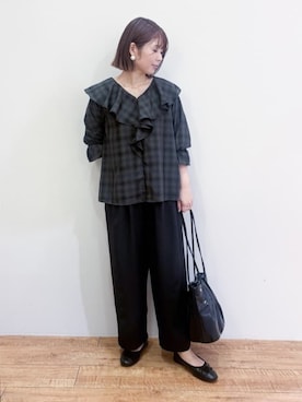 「DRESKIP（ドレスキップ）の【S-LL】1枚で華やか チェック柄フリルブラウス（シャツ/ブラウス、ブラウン系）」を使った、TAKIさん（レディース・159cm）の秋コーディネート
