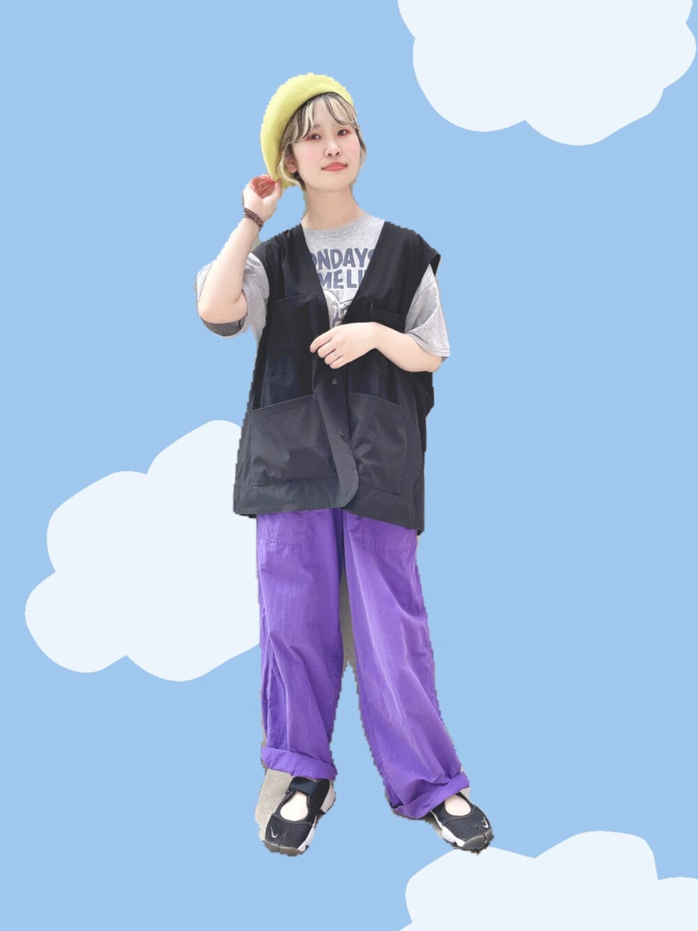 「カジュアルコーデ、楽チンコーデ、帽子、ベレー帽、カオリノモリ、夏だ！Tシャツ着よう！、ベスト、低身長、夏コーデ、いいね、save、フォローお願いします🤑」｜「kaorinomoriの【カオリノモリ】ｼｭｻﾞﾍﾞﾚｰ（ハンチング/ベレー帽、イエロー系）」を使った、なでぴさん（レディース・154cm）の夏コーディネートの1枚目の写真