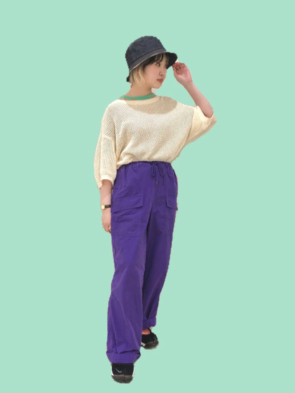 「シンプル、チャオパニックティピー(CIAOPANIC TYPY)、カオリノモリ、カオリノモリSTAFF、バケットハット、帽子、カジュアル、ゆるコーデ、低身長、いいね、save、フォローお願いします🤑」｜「kaorinomoriの【カオリノモリ】ﾃｯﾗﾊｯﾄ（ハット、ブルー系）」を使った、なでぴさん（レディース・154cm）の夏コーディネートの1枚目の写真
