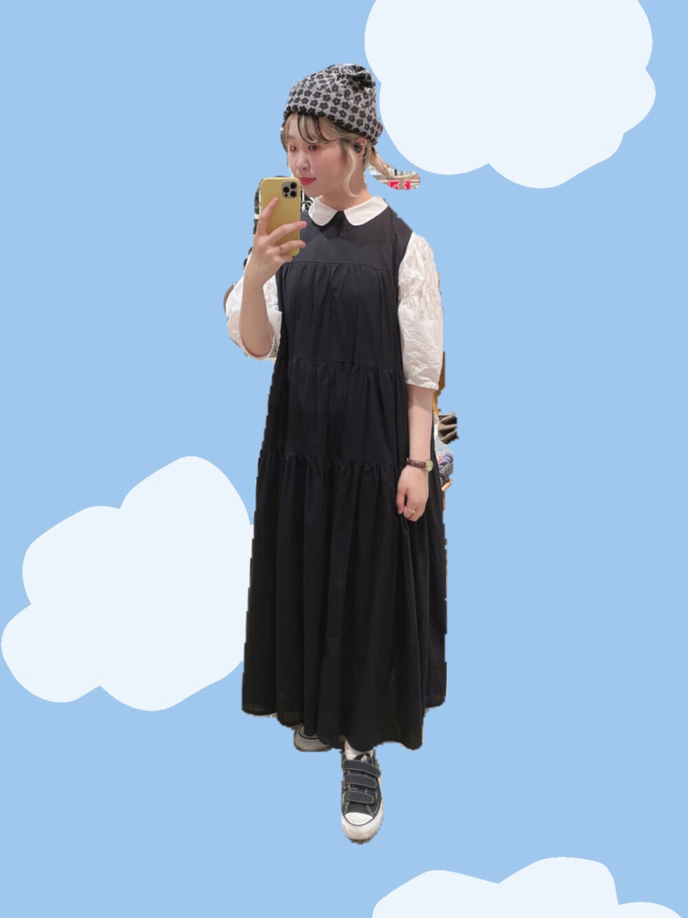 「夏コーデ、ワンピース、モノトーン、帽子、カオリノモリ、低身長、いいね、save、フォローお願いします🤑、カジュアル、ゆるコーデ、今日のコーデ」｜「kaorinomoriの【カオリノモリ】ﾙﾐｴﾙﾍﾟﾀｰﾘﾄｰｸ（ハット、ブラック系）」を使った、なでぴさん（レディース・154cm）の夏コーディネートの1枚目の写真