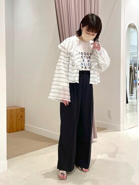 「mystic（ミスティック）のシアーボーダーラッフルブラウス（シャツ/ブラウス）」を使った、nodokaさん（レディース・156cm）の夏コーディネート
