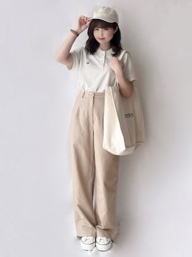 「ポロシャツコーデ」｜「アイテム（帽子）」を使った、hitomiさん（レディース・158cm）の春コーディネート