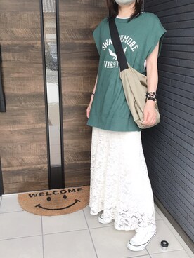 「niko and...（ニコアンド）のアイテム（スカート、ホワイト系）」を使った、ぷるたぶちゃんさん（メンズ）の夏コーディネート