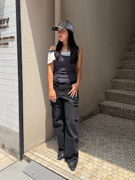 「Oriens JOURNAL STANDARD(オリエンス ジャーナルスタンダード)のブロークンダメージデニムパンツ(デニムパンツ、ブラック系)」を使った、nanasaさん(レディース)の夏コーディネート