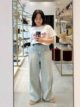 「KBF（ケイビーエフ）のWIDEレッグアジャストデニム（デニムパンツ、ブルー系）」を使った、IMOKOさん（レディース・148cm）の夏コーディネート