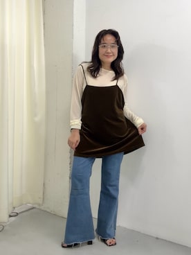 「KBF（ケイビーエフ）のベロアキャミソールSETシアートップス（Tシャツ/カットソー、ブラウン系）」を使った、IMOKOさん（レディース・148cm）の夏コーディネート