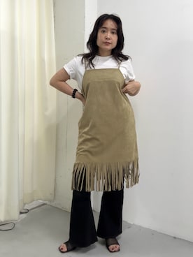 「KBF（ケイビーエフ）のピーチスキンフリンジキャミワンピース（ワンピース、ベージュ系）」を使った、IMOKOさん（レディース・148cm）の夏コーディネート