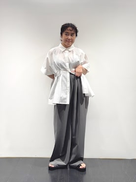 「KBF（ケイビーエフ）のウエストタックドルマンブラウス（シャツ/ブラウス、ホワイト系）」を使った、IMOKOさん（レディース・148cm）の夏コーディネート
