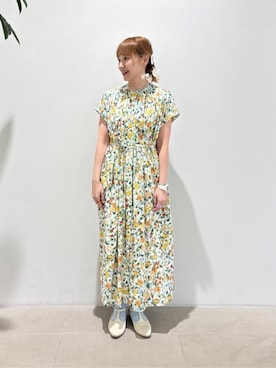 「l'atelier du savon（アトリエドサボン）の夏のフルーツプリント　フレンチギャザーワンピース（ワンピース、ホワイト系）」を使った、アトリエドゥサボンさん（レディース・153cm）の春コーディネート