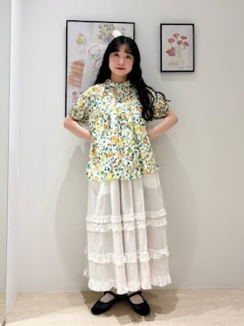 「l'atelier du savon（アトリエドサボン）の夏のフルーツプリント　丸襟ブラウス（シャツ/ブラウス、ホワイト系）」を使った、アトリエドゥサボンさん（レディース・153cm）の春コーディネート