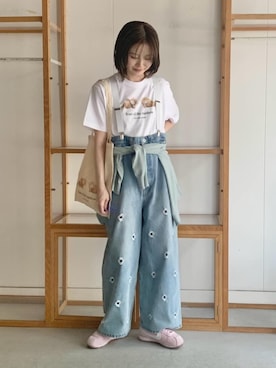 「I am I in fact...（アイアムアイインファクト）のteddybear Tシャツ（Tシャツ/カットソー、ホワイト系）」を使った、アトリエドゥサボンさん（レディース・153cm）の春コーディネート