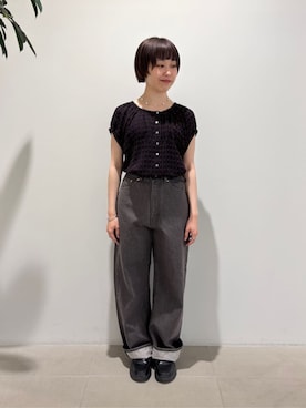 「fig Ｌondon（フィグロンドン）のKate blouse（シャツ/ブラウス、ブラウン系）」を使った、アトリエドゥサボンさん（レディース・153cm）の夏コーディネート