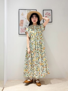 「l'atelier du savon（アトリエドサボン）の夏のフルーツプリント　フレンチギャザーワンピース（ワンピース、ホワイト系）」を使った、アトリエドゥサボンさん（レディース・153cm）の春コーディネート